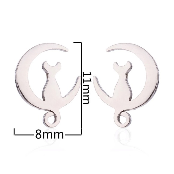 Stainless Steel Cat Moon Stud Earrings - Picture 2 of 4